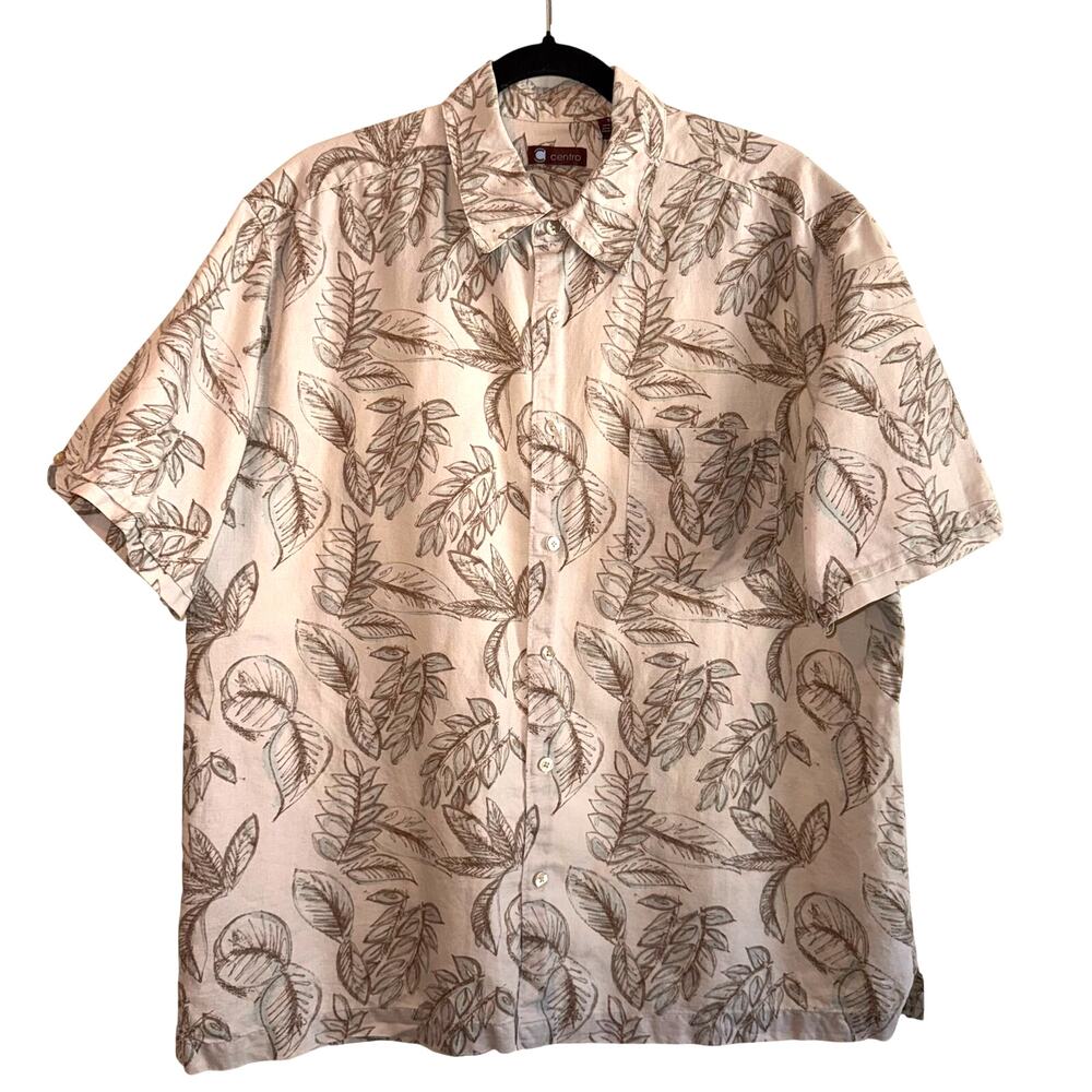 Centro Linen Blend Neutral Hawaiian Button Down Shirt Short Sleeve Casual Men XL